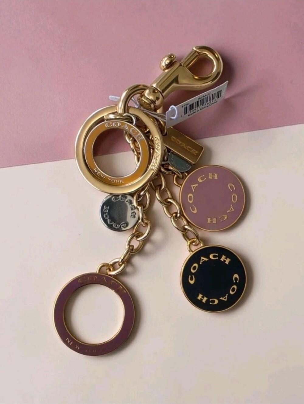 Coach C1596 Circle Cluster Bag Charm Keychain Multicolor Enamel Gold Tone